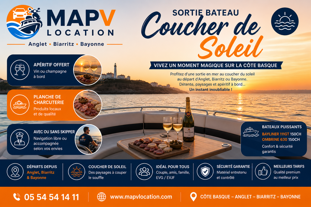 Sortie bateau coucher de soleil Biarritz Anglet Bayonne